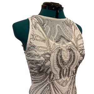 Gianni Bini Ivory Sequin Fringe Flapper Dress XS Silver Beaded Gatsby Cocktail